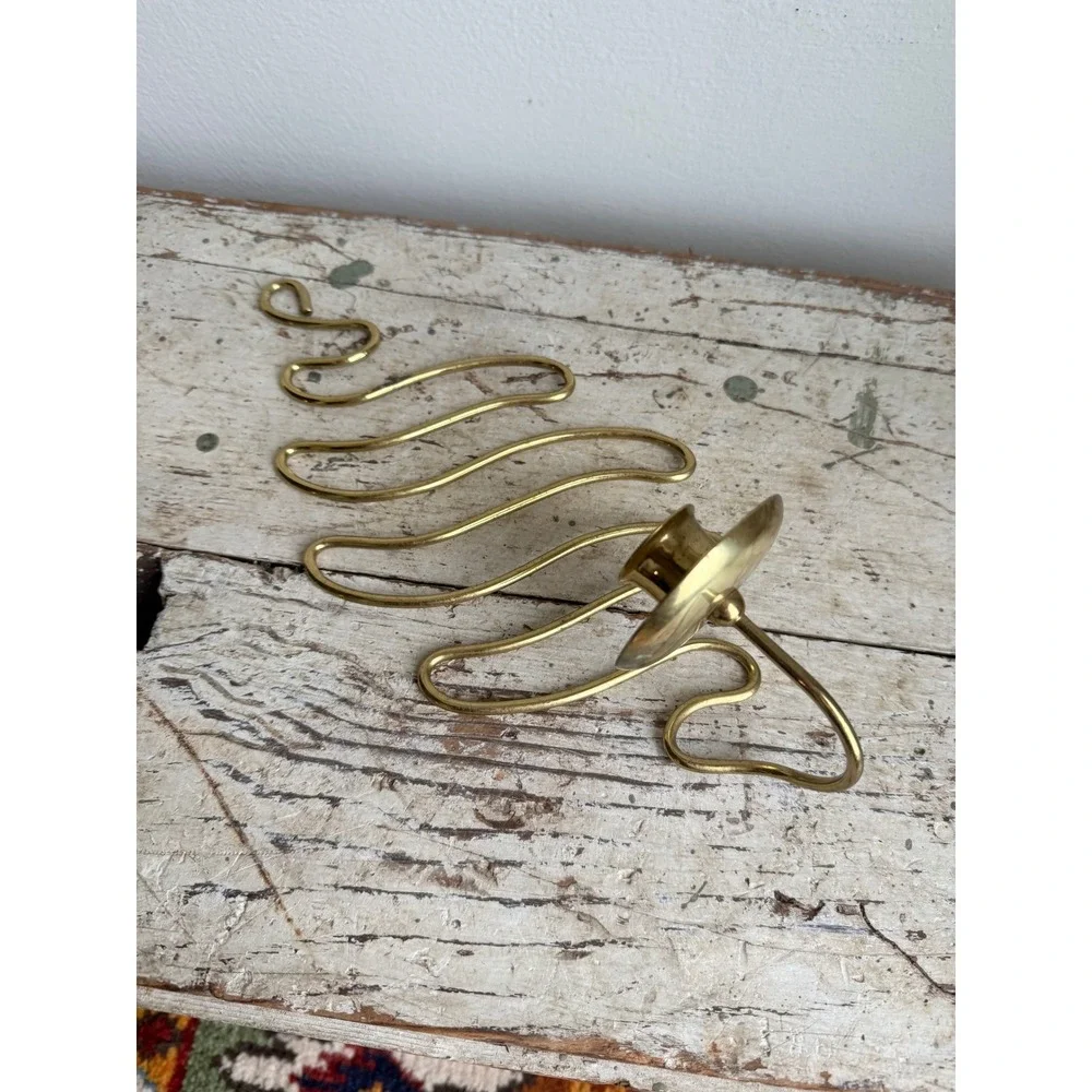 Vintage Brass Wavy Wire Wall Sconce Zig Zag Taper Candle Holder MCM Abstract